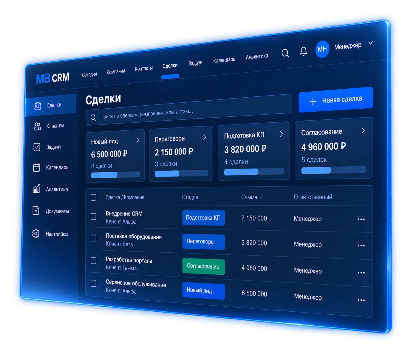 Пример MB CRM: воронка продаж, сделки и ответственные менеджеры