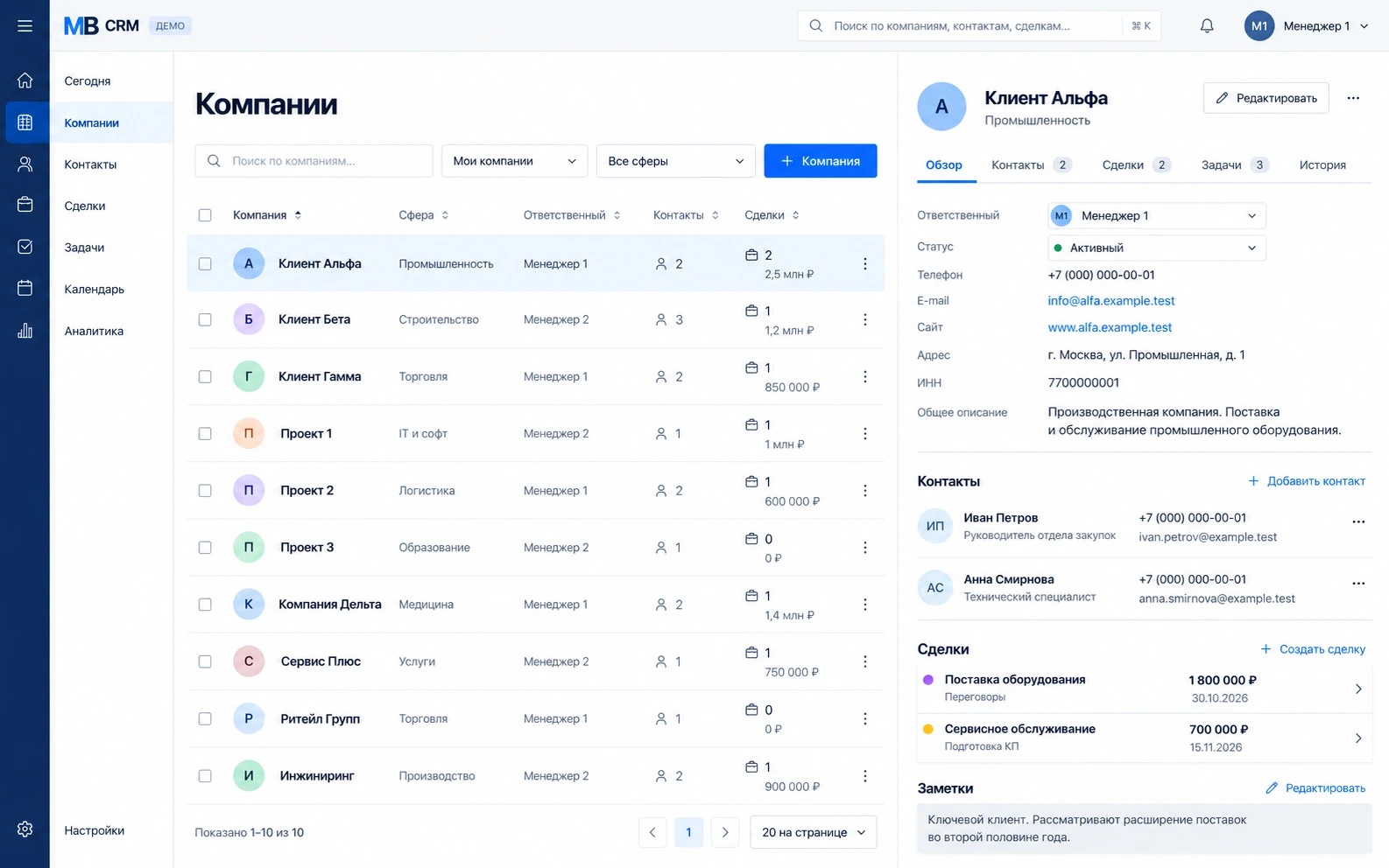 Список компаний и открытая карточка клиента с контактами и сделками
