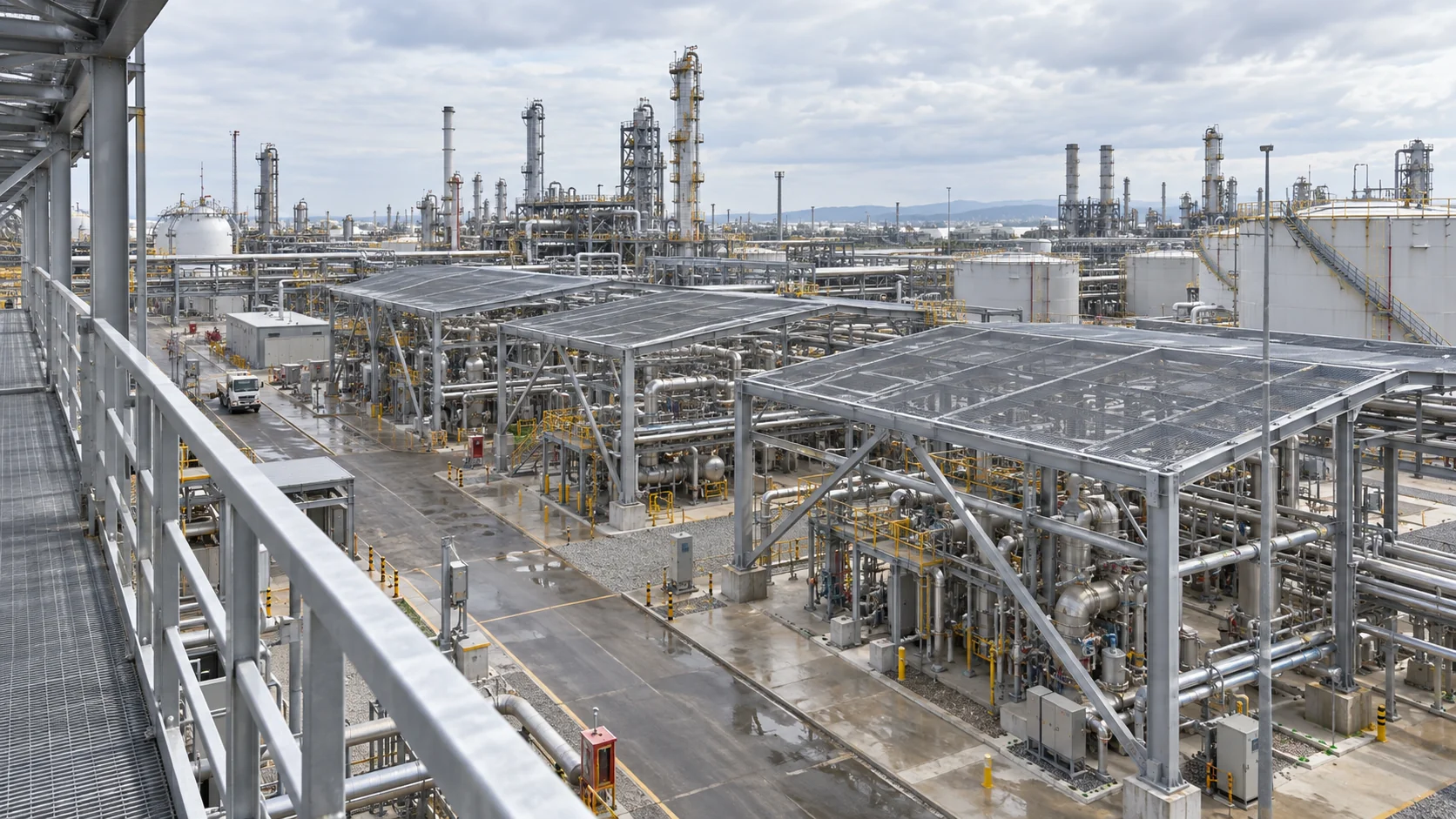 Иллюстрация крупного нефтеперерабатывающего комплекса с резервуарами, трубопроводами и металлическими конструкциями